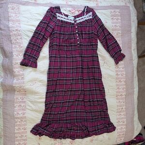 Eileen West Burgundy Plaid Dress with Lace Trim